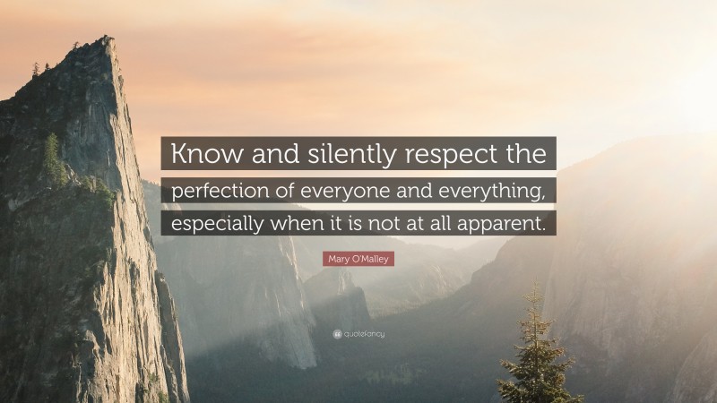 Mary O'Malley Quote: “Know and silently respect the perfection of everyone and everything, especially when it is not at all apparent.”