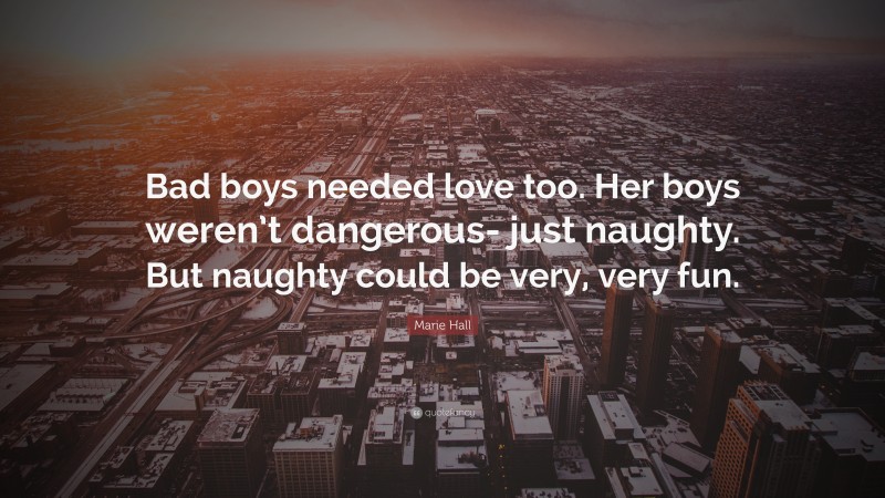 Marie Hall Quote: “Bad boys needed love too. Her boys weren’t dangerous- just naughty. But naughty could be very, very fun.”