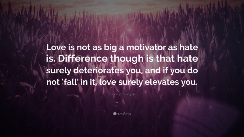 Sandeep Sahajpal Quote: “Love is not as big a motivator as hate is. Difference though is that hate surely deteriorates you, and if you do not ‘fall’ in it, love surely elevates you.”