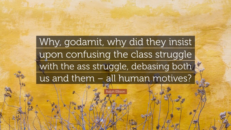 Ralph Ellison Quote: “Why, godamit, why did they insist upon confusing the class struggle with the ass struggle, debasing both us and them – all human motives?”