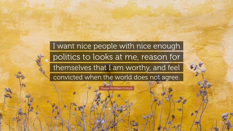 Tressie McMillan Cottom Quote: “I want nice people with nice enough politics to looks at me, reason for themselves that I am worthy, and feel convicted when the world does not agree.”