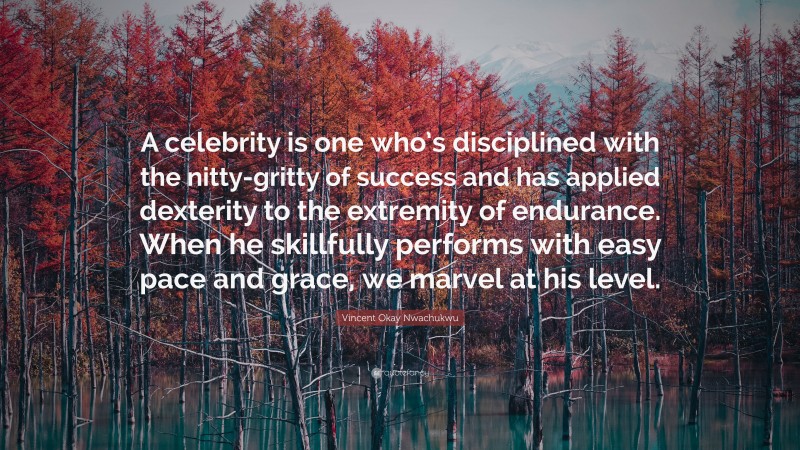 Vincent Okay Nwachukwu Quote: “A celebrity is one who’s disciplined with the nitty-gritty of success and has applied dexterity to the extremity of endurance. When he skillfully performs with easy pace and grace, we marvel at his level.”