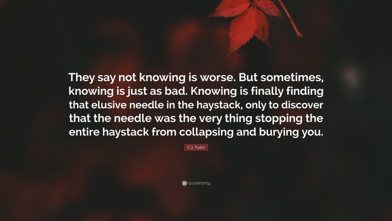 C.J. Tudor Quote: “They say not knowing is worse. But sometimes, knowing is just as bad. Knowing is finally finding that elusive needle in the haystack, only to discover that the needle was the very thing stopping the entire haystack from collapsing and burying you.”