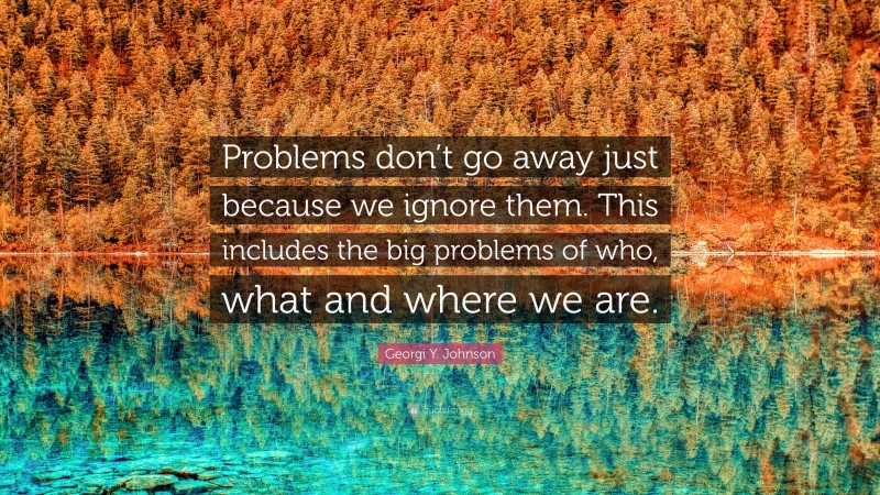 Georgi Y. Johnson Quote: “Problems don’t go away just because we ignore them. This includes the big problems of who, what and where we are.”
