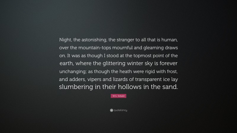 W.G. Sebald Quote: “Night, the astonishing, the stranger to all that is human, over the mountain-tops mournful and gleaming draws on. It was as though I stood at the topmost point of the earth, where the glittering winter sky is forever unchanging; as though the heath were rigid with frost, and adders, vipers and lizards of transparent ice lay slumbering in their hollows in the sand.”