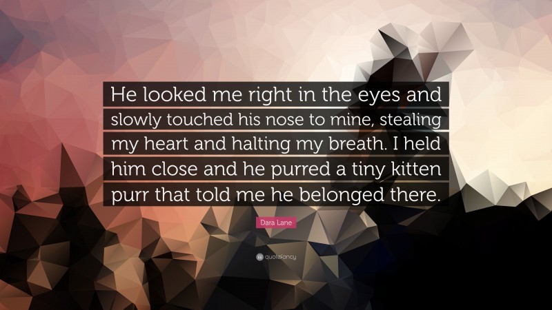 Dara Lane Quote: “He looked me right in the eyes and slowly touched his nose to mine, stealing my heart and halting my breath. I held him close and he purred a tiny kitten purr that told me he belonged there.”