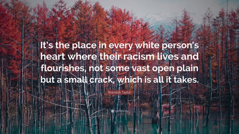 Brandon Taylor Quote: “It’s the place in every white person’s heart where their racism lives and flourishes, not some vast open plain but a small crack, which is all it takes.”