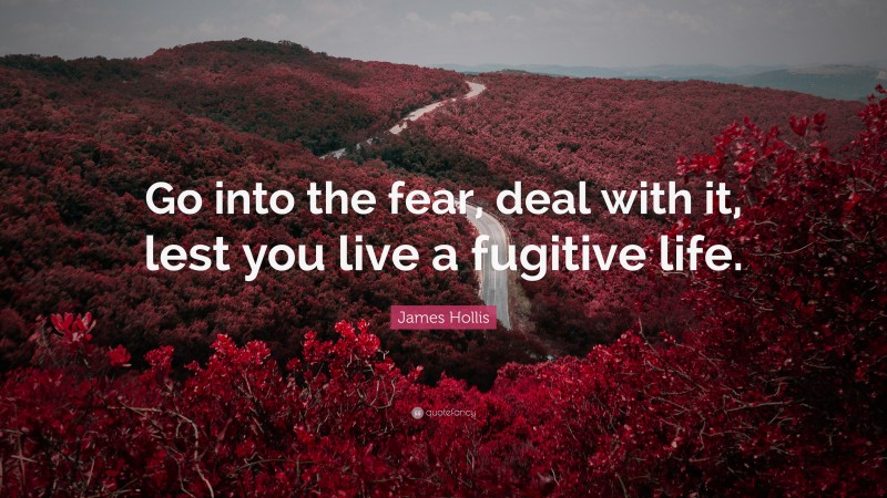 James Hollis Quote: “Go into the fear, deal with it, lest you live a fugitive life.”