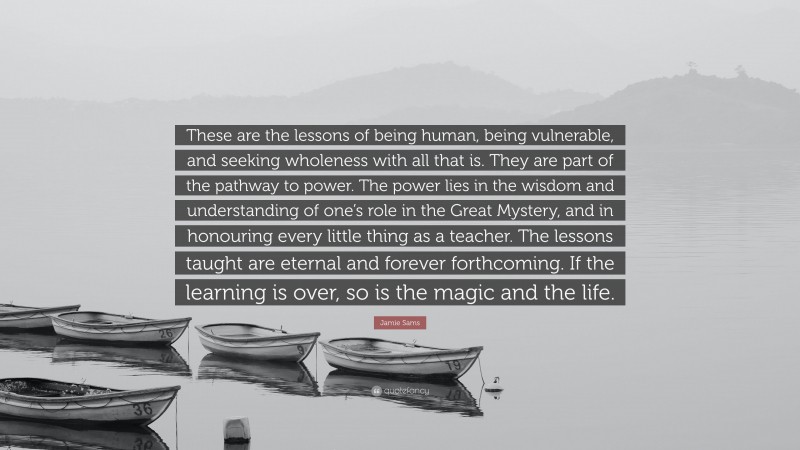 Jamie Sams Quote: “These are the lessons of being human, being vulnerable, and seeking wholeness with all that is. They are part of the pathway to power. The power lies in the wisdom and understanding of one’s role in the Great Mystery, and in honouring every little thing as a teacher. The lessons taught are eternal and forever forthcoming. If the learning is over, so is the magic and the life.”