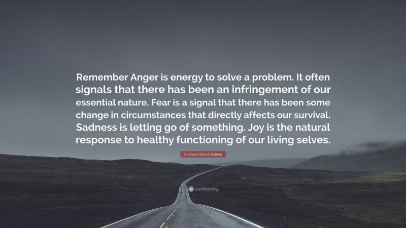 Stephen Harrod Buhner Quote: “Remember Anger is energy to solve a problem. It often signals that there has been an infringement of our essential nature. Fear is a signal that there has been some change in circumstances that directly affects our survival. Sadness is letting go of something. Joy is the natural response to healthy functioning of our living selves.”