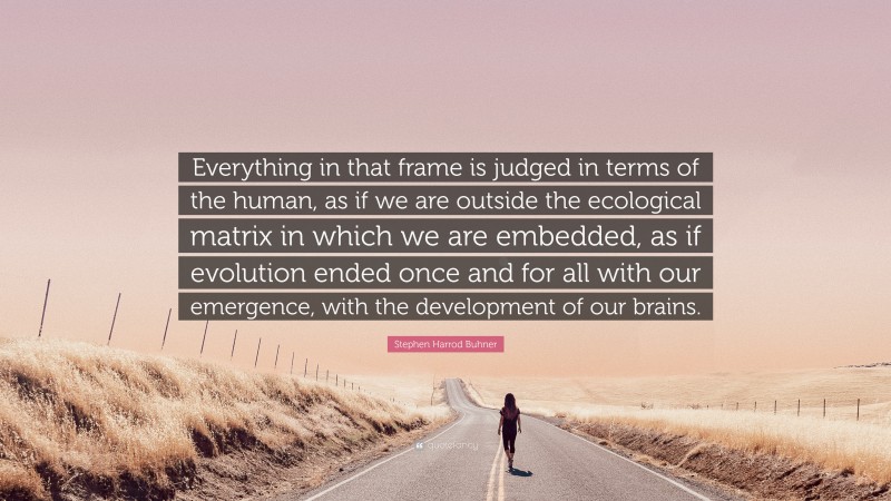 Stephen Harrod Buhner Quote: “Everything in that frame is judged in terms of the human, as if we are outside the ecological matrix in which we are embedded, as if evolution ended once and for all with our emergence, with the development of our brains.”