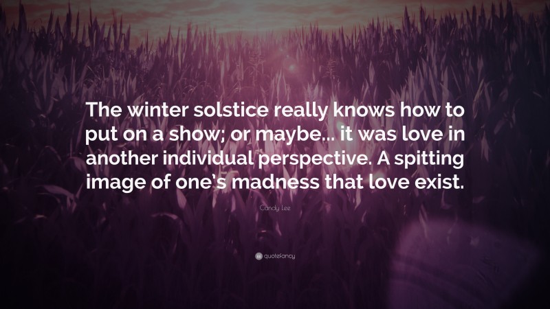 Candy Lee Quote: “The winter solstice really knows how to put on a show; or maybe... it was love in another individual perspective. A spitting image of one’s madness that love exist.”