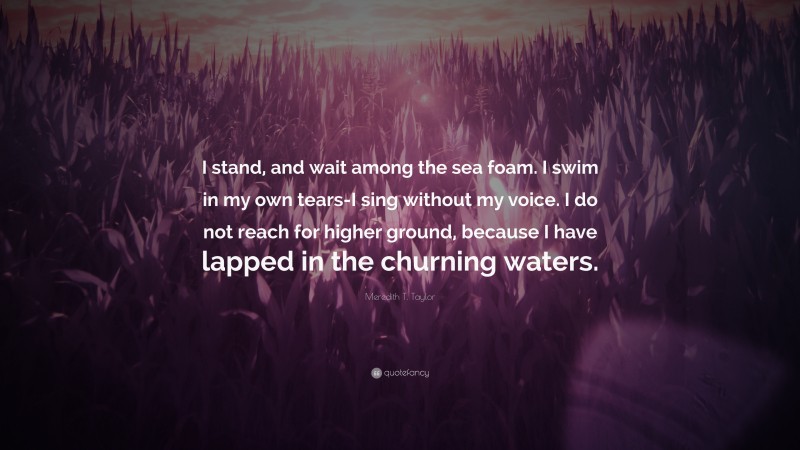 Meredith T. Taylor Quote: “I stand, and wait among the sea foam. I swim in my own tears-I sing without my voice. I do not reach for higher ground, because I have lapped in the churning waters.”
