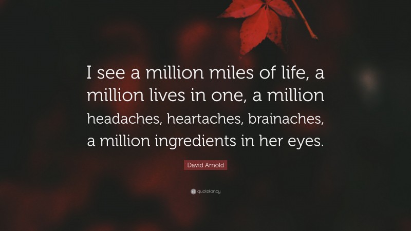 David Arnold Quote: “I see a million miles of life, a million lives in one, a million headaches, heartaches, brainaches, a million ingredients in her eyes.”