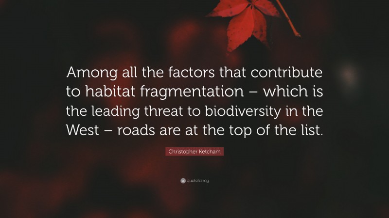 Christopher Ketcham Quote: “Among all the factors that contribute to habitat fragmentation – which is the leading threat to biodiversity in the West – roads are at the top of the list.”