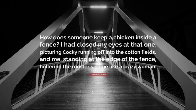 Alessandra Torre Quote: “How does someone keep a chicken inside a fence? I had closed my eyes at that one, picturing Cocky running off into the cotton fields, and me, standing at the edge of the fence, hollering the rooster’s name like a crazy woman.”