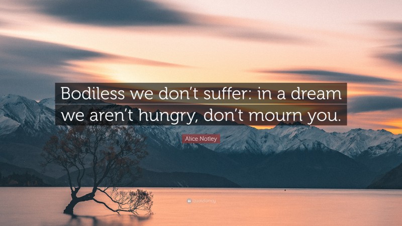 Alice Notley Quote: “Bodiless we don’t suffer: in a dream we aren’t hungry, don’t mourn you.”
