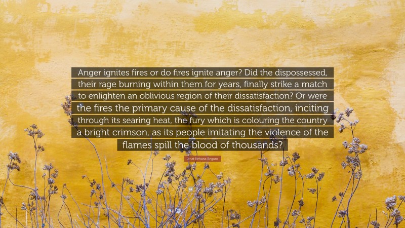 Jinat Rehana Begum Quote: “Anger ignites fires or do fires ignite anger? Did the dispossessed, their rage burning within them for years, finally strike a match to enlighten an oblivious region of their dissatisfaction? Or were the fires the primary cause of the dissatisfaction, inciting through its searing heat, the fury which is colouring the country a bright crimson, as its people imitating the violence of the flames spill the blood of thousands?”