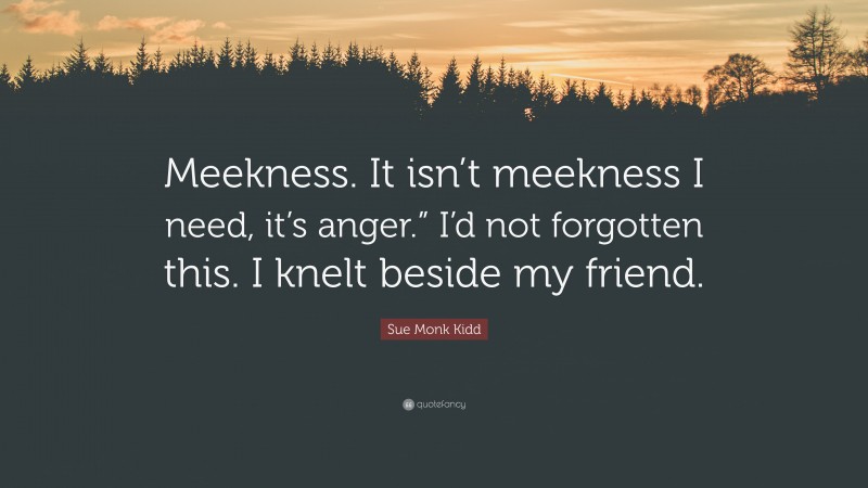 Sue Monk Kidd Quote: “Meekness. It isn’t meekness I need, it’s anger.” I’d not forgotten this. I knelt beside my friend.”