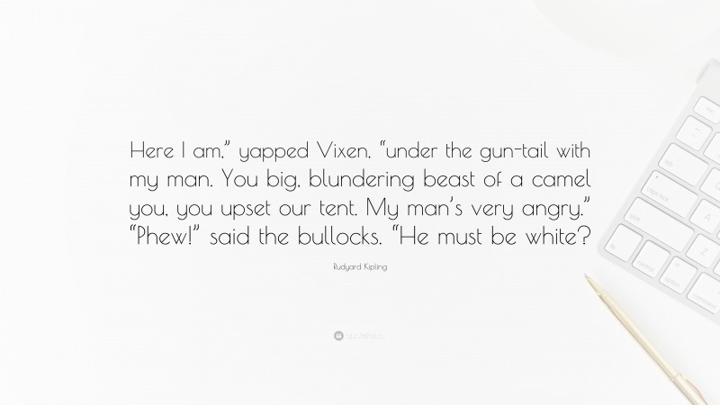 Rudyard Kipling Quote: “Here I am,” yapped Vixen, “under the gun-tail with my man. You big, blundering beast of a camel you, you upset our tent. My man’s very angry.” “Phew!” said the bullocks. “He must be white?”