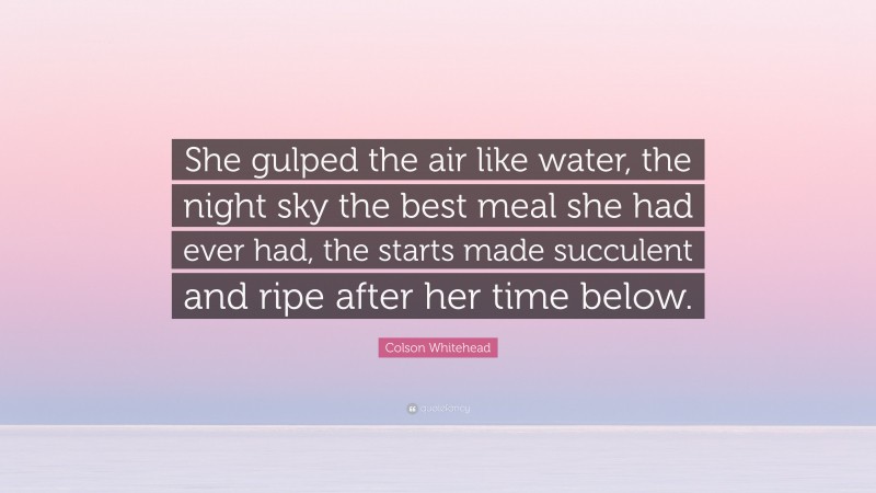 Colson Whitehead Quote: “She gulped the air like water, the night sky the best meal she had ever had, the starts made succulent and ripe after her time below.”