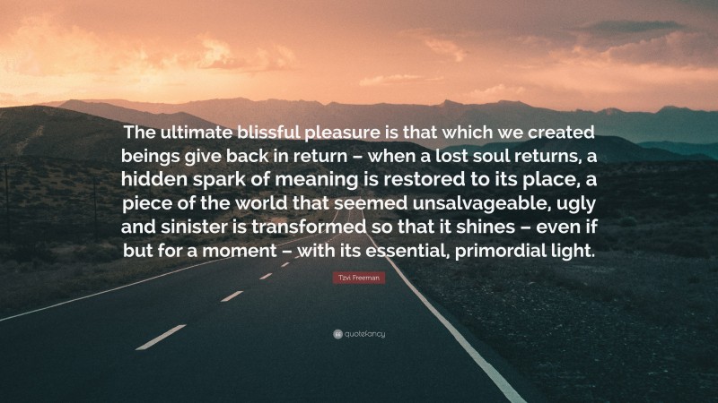 Tzvi Freeman Quote: “The ultimate blissful pleasure is that which we created beings give back in return – when a lost soul returns, a hidden spark of meaning is restored to its place, a piece of the world that seemed unsalvageable, ugly and sinister is transformed so that it shines – even if but for a moment – with its essential, primordial light.”