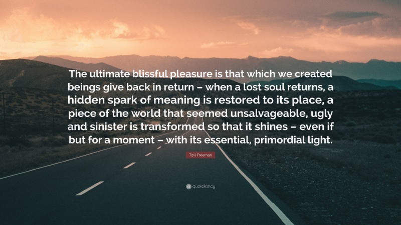 Tzvi Freeman Quote: “The ultimate blissful pleasure is that which we created beings give back in return – when a lost soul returns, a hidden spark of meaning is restored to its place, a piece of the world that seemed unsalvageable, ugly and sinister is transformed so that it shines – even if but for a moment – with its essential, primordial light.”