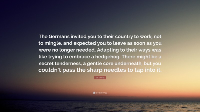 Elif Shafak Quote: “The Germans invited you to their country to work, not to mingle, and expected you to leave as soon as you were no longer needed. Adapting to their ways was like trying to embrace a hedgehog. There might be a secret tenderness, a gentle core underneath, but you couldn’t pass the sharp needles to tap into it.”