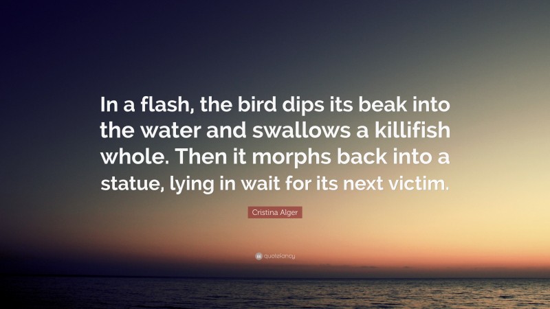 Cristina Alger Quote: “In a flash, the bird dips its beak into the water and swallows a killifish whole. Then it morphs back into a statue, lying in wait for its next victim.”