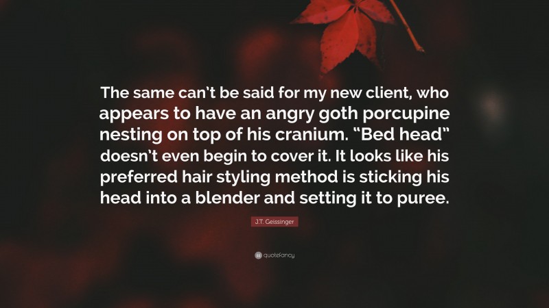 J.T. Geissinger Quote: “The same can’t be said for my new client, who appears to have an angry goth porcupine nesting on top of his cranium. “Bed head” doesn’t even begin to cover it. It looks like his preferred hair styling method is sticking his head into a blender and setting it to puree.”