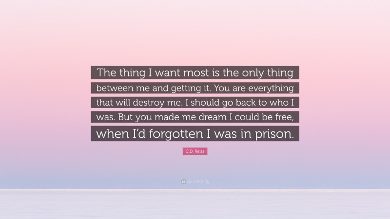 C.D. Reiss Quote: “The thing I want most is the only thing between me and getting it. You are everything that will destroy me. I should go back to who I was. But you made me dream I could be free, when I’d forgotten I was in prison.”