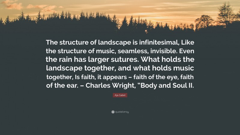 Aja Gabel Quote: “The structure of landscape is infinitesimal, Like the structure of music, seamless, invisible. Even the rain has larger sutures. What holds the landscape together, and what holds music together, Is faith, it appears – faith of the eye, faith of the ear. – Charles Wright, “Body and Soul II.”