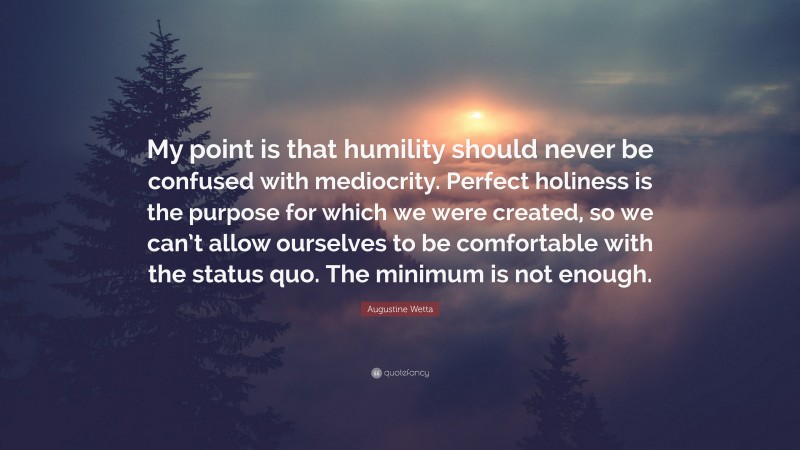 Augustine Wetta Quote: “My point is that humility should never be confused with mediocrity. Perfect holiness is the purpose for which we were created, so we can’t allow ourselves to be comfortable with the status quo. The minimum is not enough.”