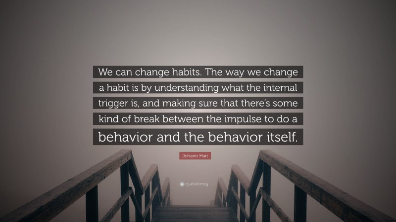 Johann Hari Quote: “We can change habits. The way we change a habit is by understanding what the internal trigger is, and making sure that there’s some kind of break between the impulse to do a behavior and the behavior itself.”