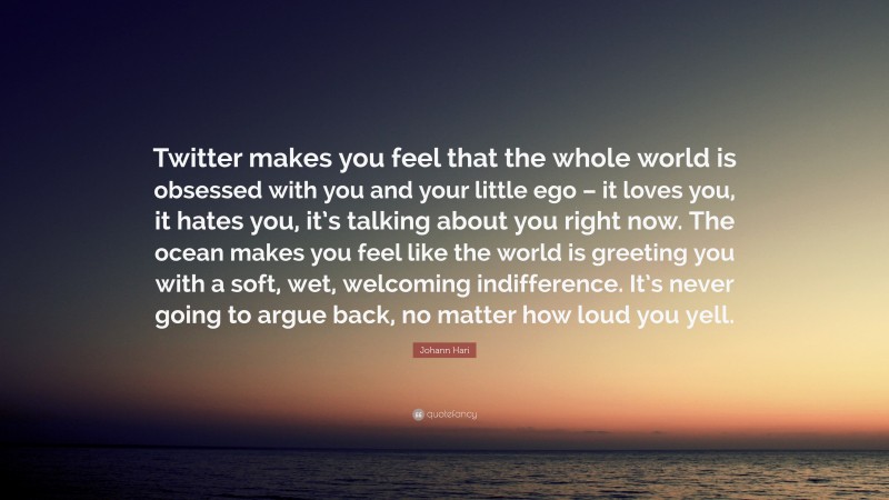Johann Hari Quote: “Twitter makes you feel that the whole world is obsessed with you and your little ego – it loves you, it hates you, it’s talking about you right now. The ocean makes you feel like the world is greeting you with a soft, wet, welcoming indifference. It’s never going to argue back, no matter how loud you yell.”