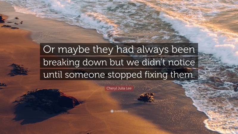 Cheryl Julia Lee Quote: “Or maybe they had always been breaking down but we didn’t notice until someone stopped fixing them.”
