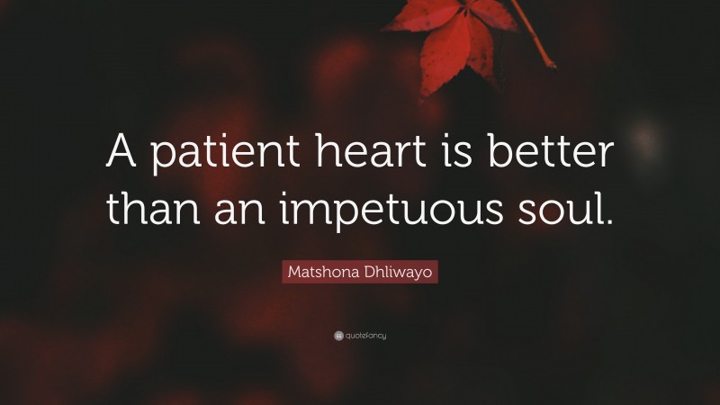 Matshona Dhliwayo Quote: “A patient heart is better than an impetuous soul.”