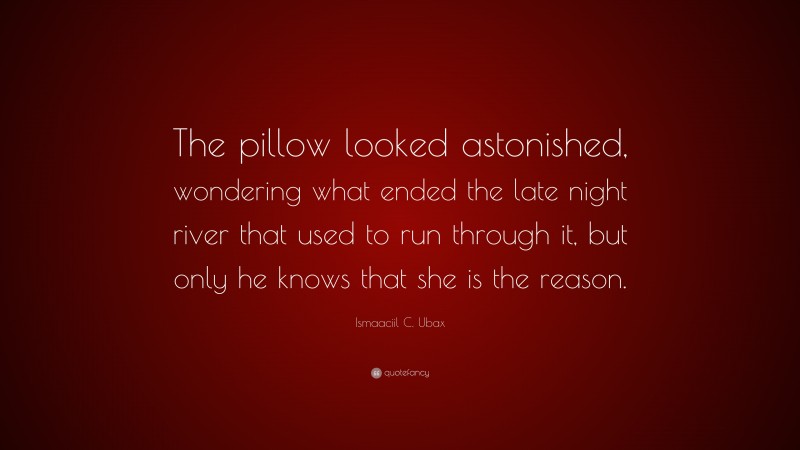 Ismaaciil C. Ubax Quote: “The pillow looked astonished, wondering what ended the late night river that used to run through it, but only he knows that she is the reason.”