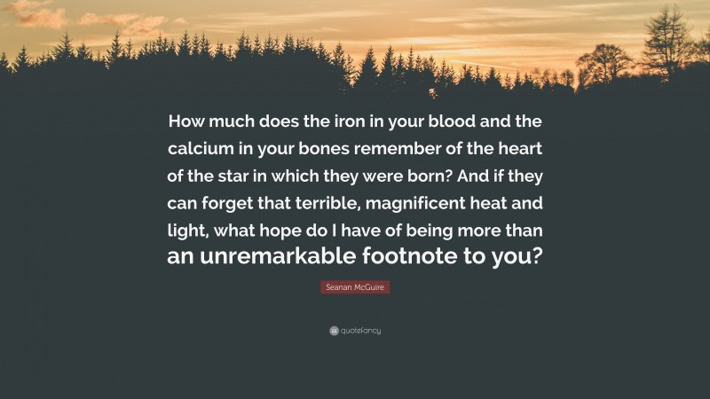 Seanan McGuire Quote: “How much does the iron in your blood and the calcium in your bones remember of the heart of the star in which they were born? And if they can forget that terrible, magnificent heat and light, what hope do I have of being more than an unremarkable footnote to you?”