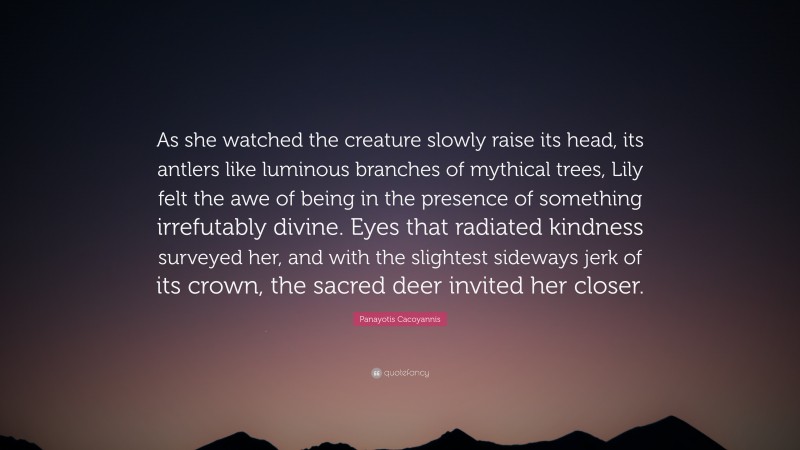 Panayotis Cacoyannis Quote: “As she watched the creature slowly raise its head, its antlers like luminous branches of mythical trees, Lily felt the awe of being in the presence of something irrefutably divine. Eyes that radiated kindness surveyed her, and with the slightest sideways jerk of its crown, the sacred deer invited her closer.”