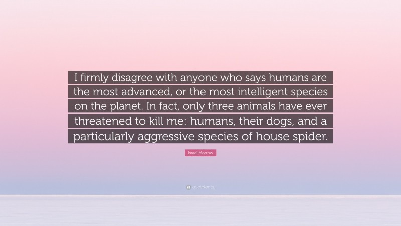 Israel Morrow Quote: “I firmly disagree with anyone who says humans are the most advanced, or the most intelligent species on the planet. In fact, only three animals have ever threatened to kill me: humans, their dogs, and a particularly aggressive species of house spider.”