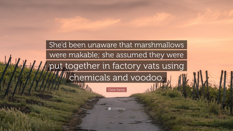 Claire Sandy Quote: “She’d been unaware that marshmallows were makable; she assumed they were put together in factory vats using chemicals and voodoo.”