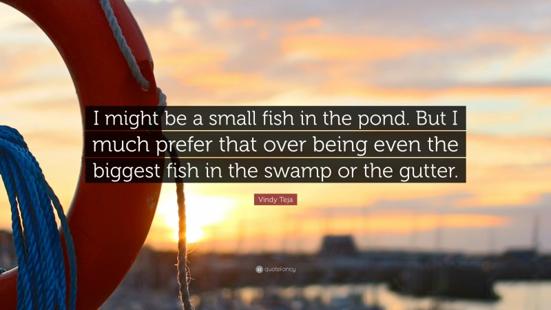 Vindy Teja Quote: “I might be a small fish in the pond. But I much prefer that over being even the biggest fish in the swamp or the gutter.”