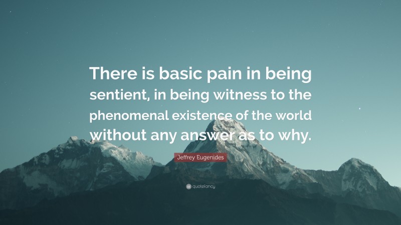 Jeffrey Eugenides Quote: “There is basic pain in being sentient, in being witness to the phenomenal existence of the world without any answer as to why.”