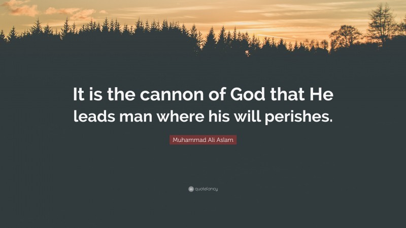 Muhammad Ali Aslam Quote: “It is the cannon of God that He leads man where his will perishes.”