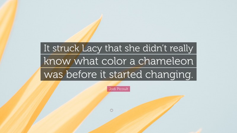 Jodi Picoult Quote: “It struck Lacy that she didn’t really know what color a chameleon was before it started changing.”