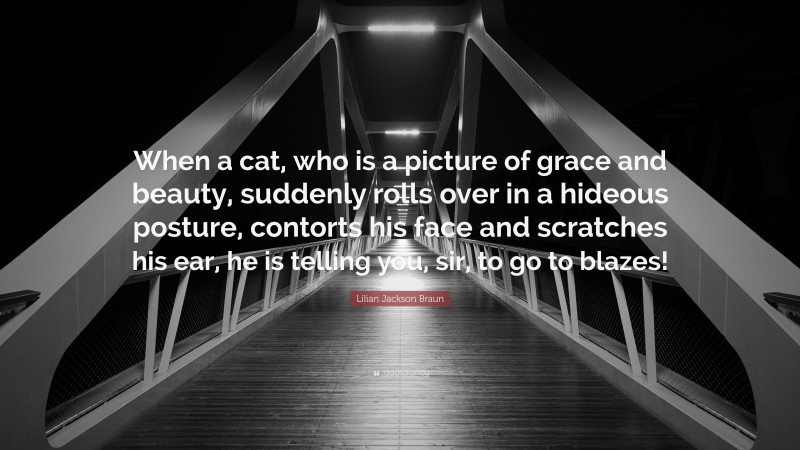 Lilian Jackson Braun Quote: “When a cat, who is a picture of grace and beauty, suddenly rolls over in a hideous posture, contorts his face and scratches his ear, he is telling you, sir, to go to blazes!”