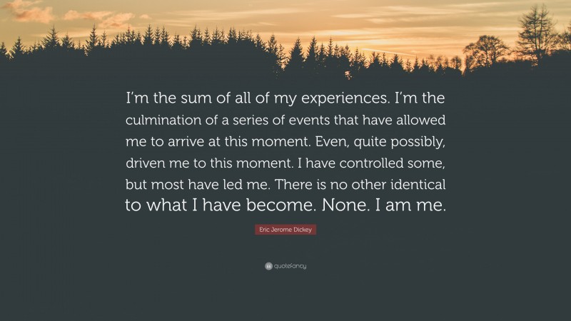 Eric Jerome Dickey Quote: “I’m the sum of all of my experiences. I’m the culmination of a series of events that have allowed me to arrive at this moment. Even, quite possibly, driven me to this moment. I have controlled some, but most have led me. There is no other identical to what I have become. None. I am me.”