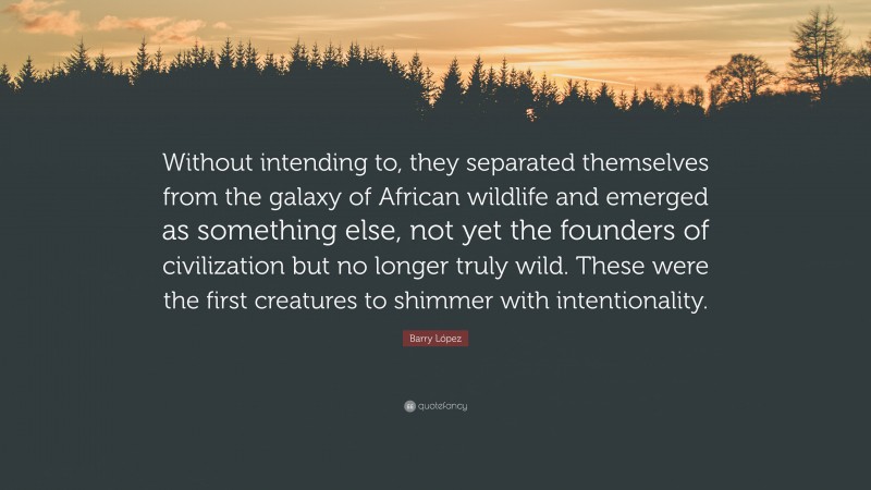 Barry López Quote: “Without intending to, they separated themselves from the galaxy of African wildlife and emerged as something else, not yet the founders of civilization but no longer truly wild. These were the first creatures to shimmer with intentionality.”