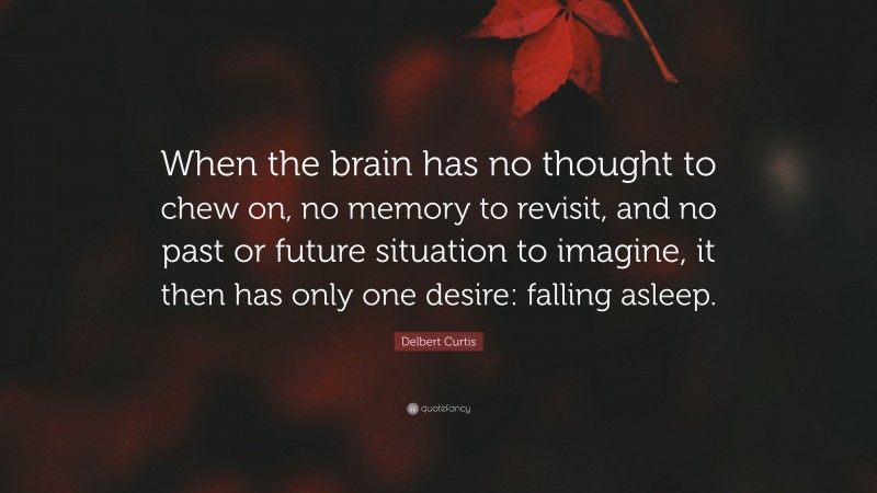 Delbert Curtis Quote: “When the brain has no thought to chew on, no memory to revisit, and no past or future situation to imagine, it then has only one desire: falling asleep.”